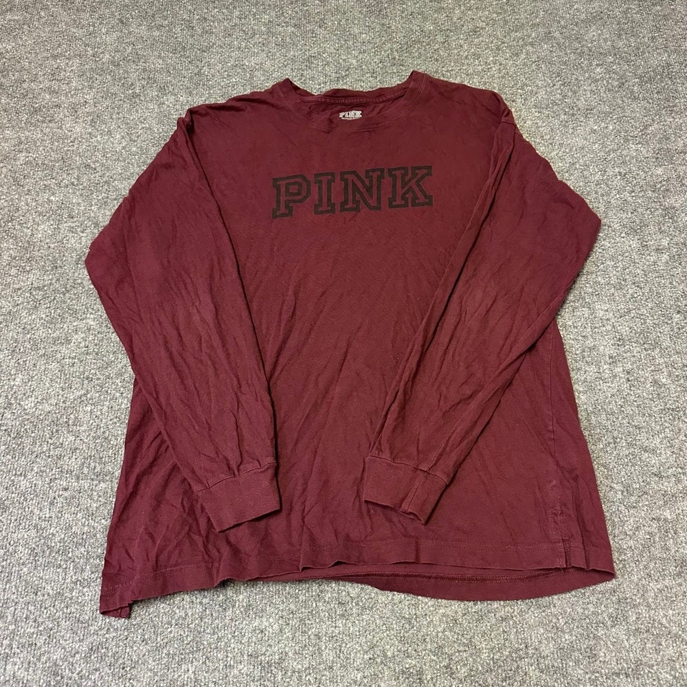 Pink Victoria's Secret Shirt Womens Size M Maroon Long Sleeve Logo Crew Neck Top